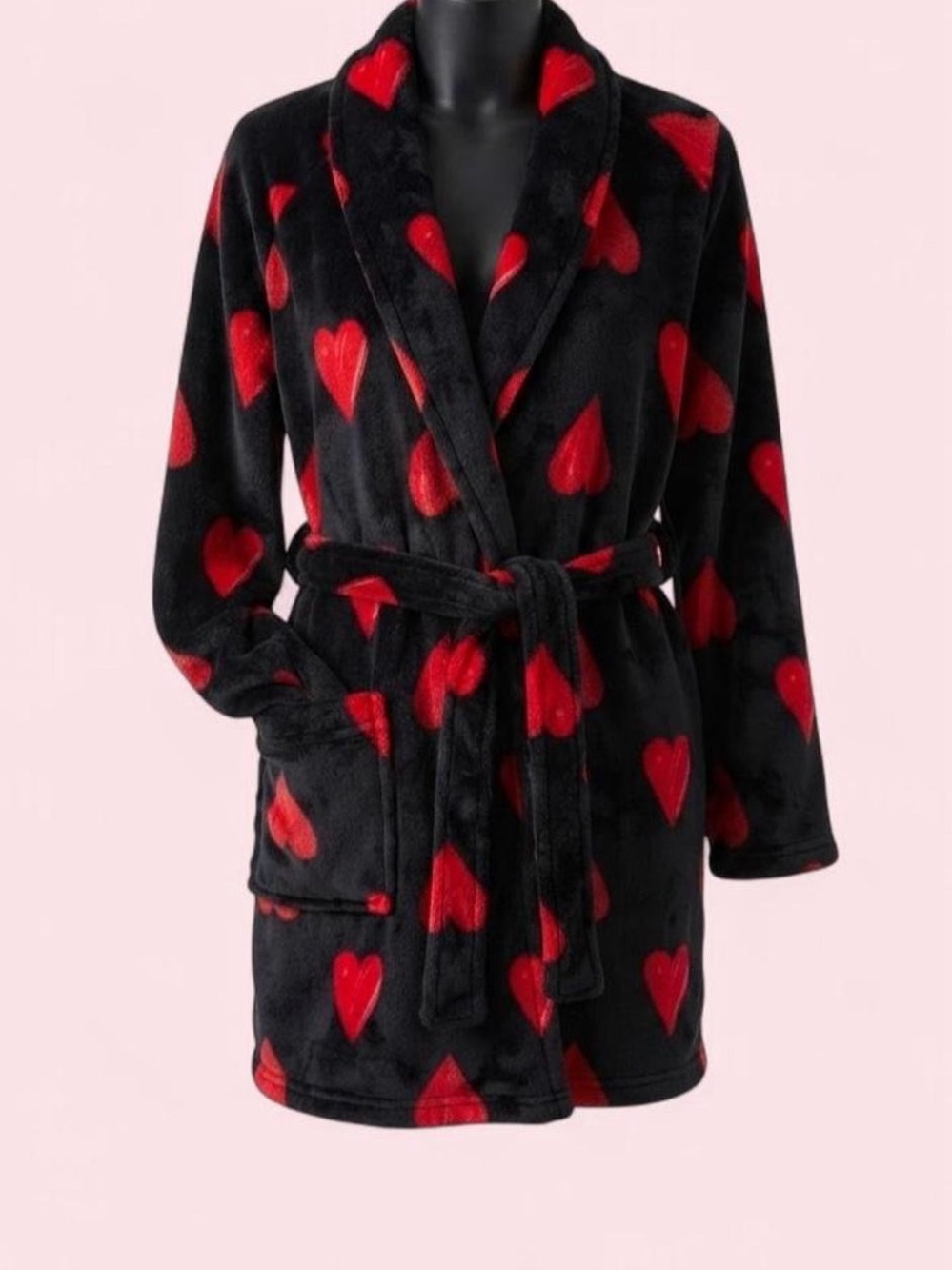 Victoria's Secret Rare Y2K 2021 Cozy Plush Short Robe Black Red Hearts